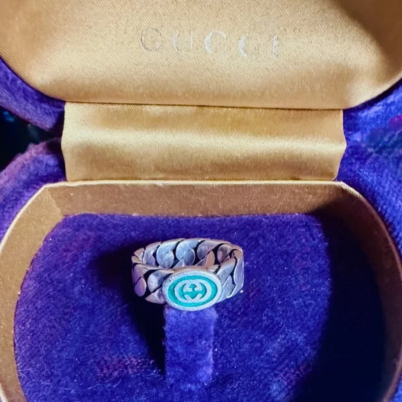 GUCCI Enamel Trio: Blue Interlocking G Necklace & (2) Turquoise Rings - Picture 13 of 16